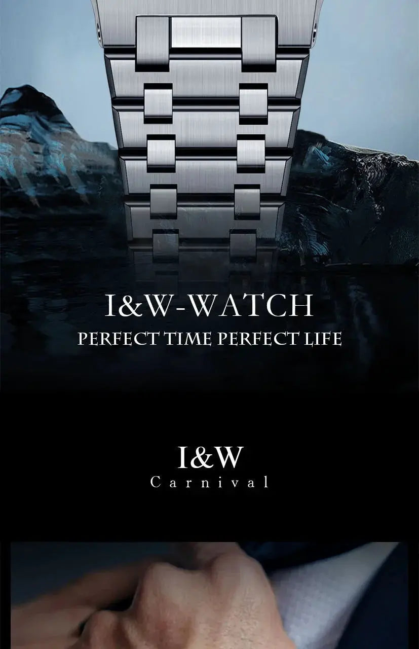 Wristwatch I&W Carnival stainless steel bracelet shown in ad with logo