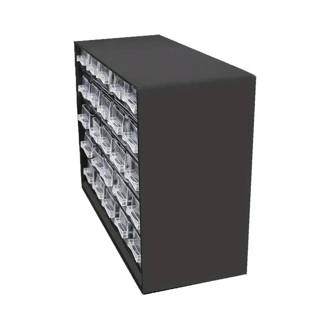 Wall-mounted 25-drawer organizer with clear plastic bins in a black frame