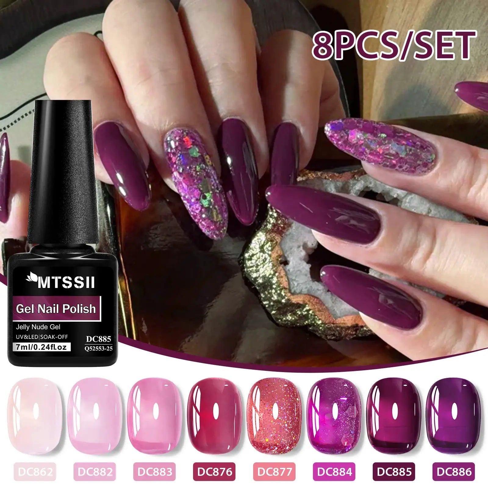 Gel nail polish 8-piece nude jelly set by MTSSII with box; translucent pink to mauve shades with glitter accents.