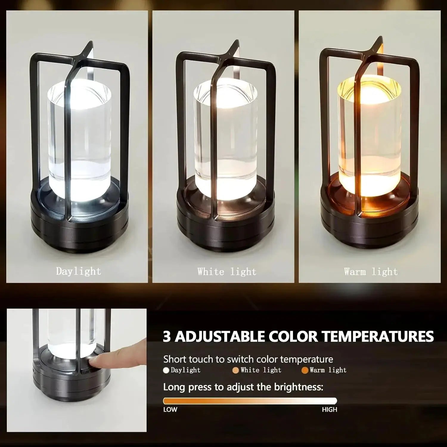 GGbingo cordless LED table lamp by Simples Market; glass cylinder in dark metal frame with 3 color temperatures.