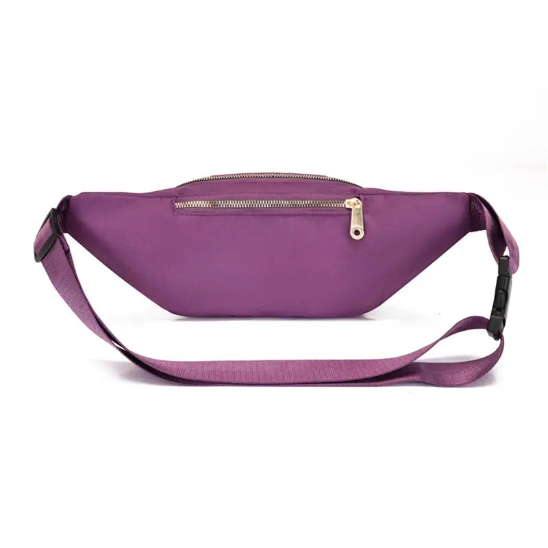 Women's purple waist bag in Oxford cloth with gold zipper and adjustable strap; waterproof fanny pack.