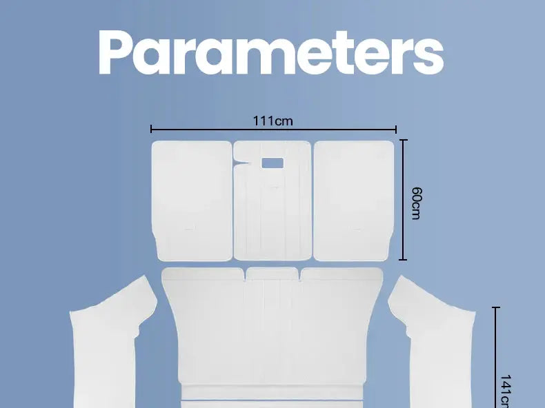 Tesla Model Y trunk mat layout diagram with white panel sections and 111 cm width, 60 cm height measurements