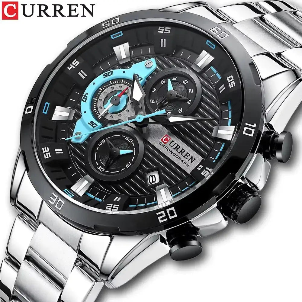 CURREN 8402 men's stainless steel watch with luminous dial, chronograph, blue accents, metal bracelet.