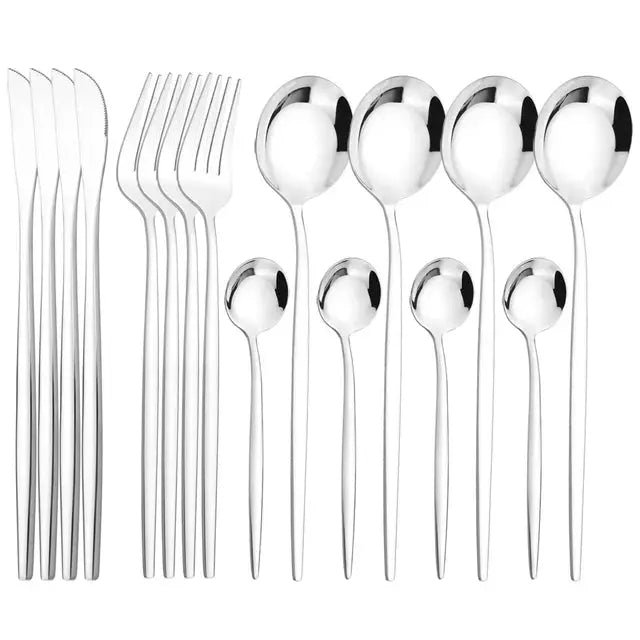 NovaLux Black Stainless Steel 16 Piece Cutlery Set With Mirror Finish For Modern Dining