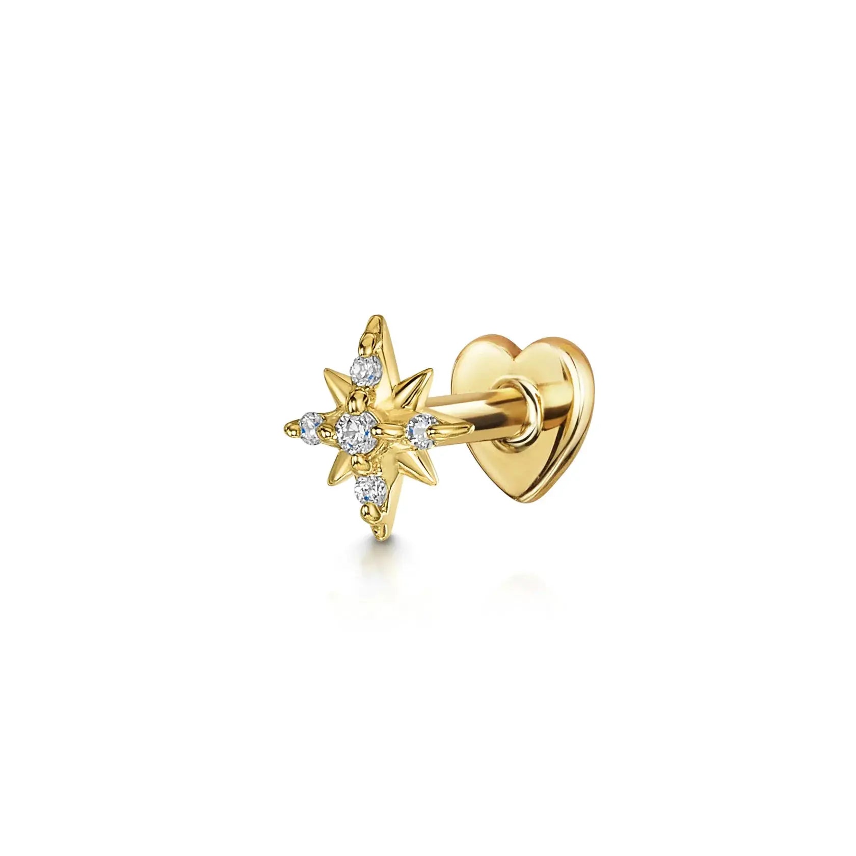 Gold-tone star stud earring with clear zircons and heart-shaped backing