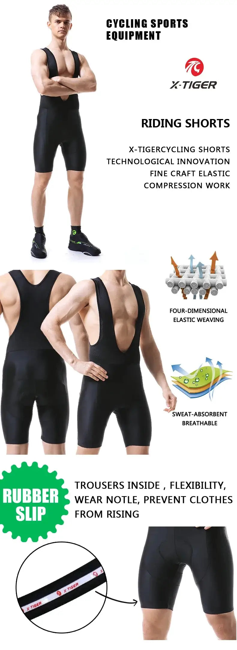 X-TIGER men's cycling bib shorts in black Lycra with breathable fabric
