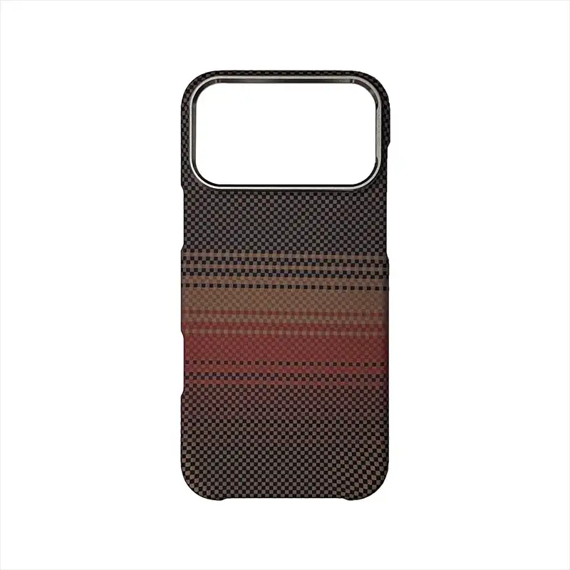 iPhone MagSafe case with carbon fiber abstract geometric pattern and brown-red gradient stripe
