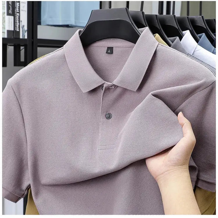 Men's 100% cotton polo shirt in lavender, breathable textured fabric with silk-like finish