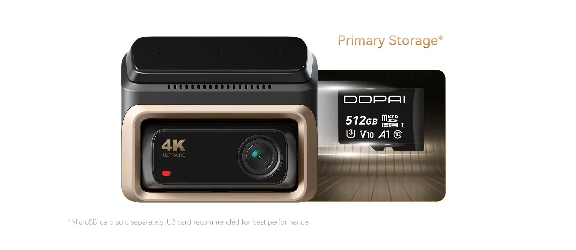 DDPAI Z60 Pro 4K dash cam; black with gold trim, GPS and dual Sony sensors; includes 512GB microSD card (2-piece set)