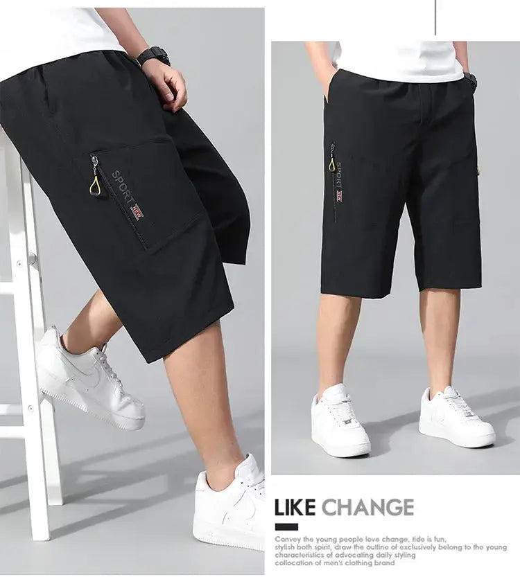 Men's cargo shorts knee-length, black cotton with zip pocket and elastic waist
