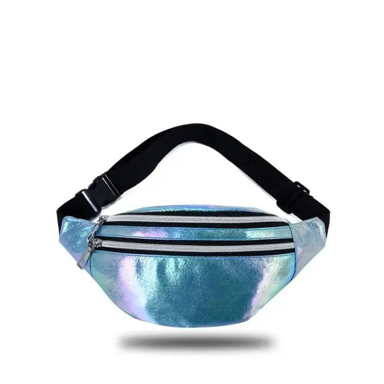 Simples Market holographic fanny pack with iridescent finish, black adjustable strap, and dual zippers