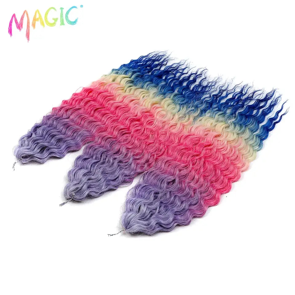 Magic Ariel Curl rainbow ombre water-wave crochet braiding hair, 3 packs, 22-inch length