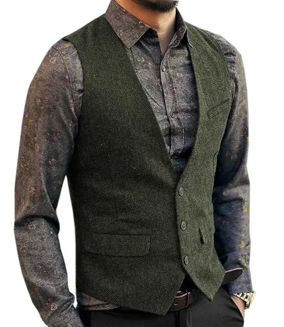 Deep V-Neck men's waistcoat by Simples Market in olive green herringbone for formal wedding