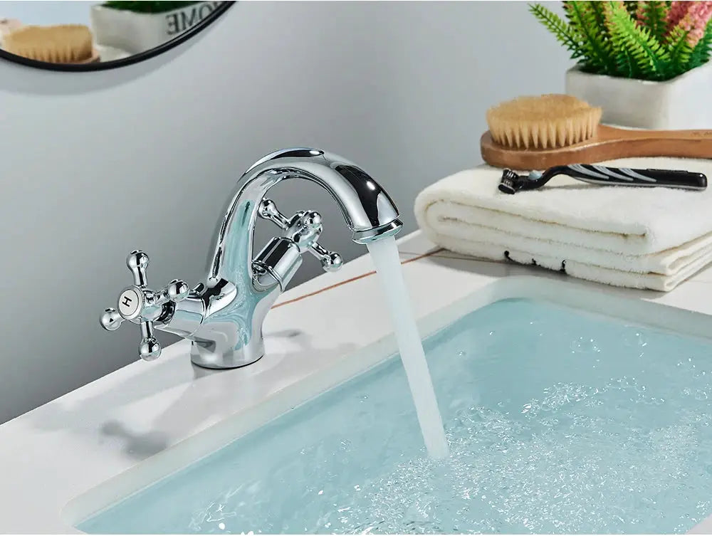 POIQIHY antique chrome bathroom faucet with two cross handles, deck-mounted