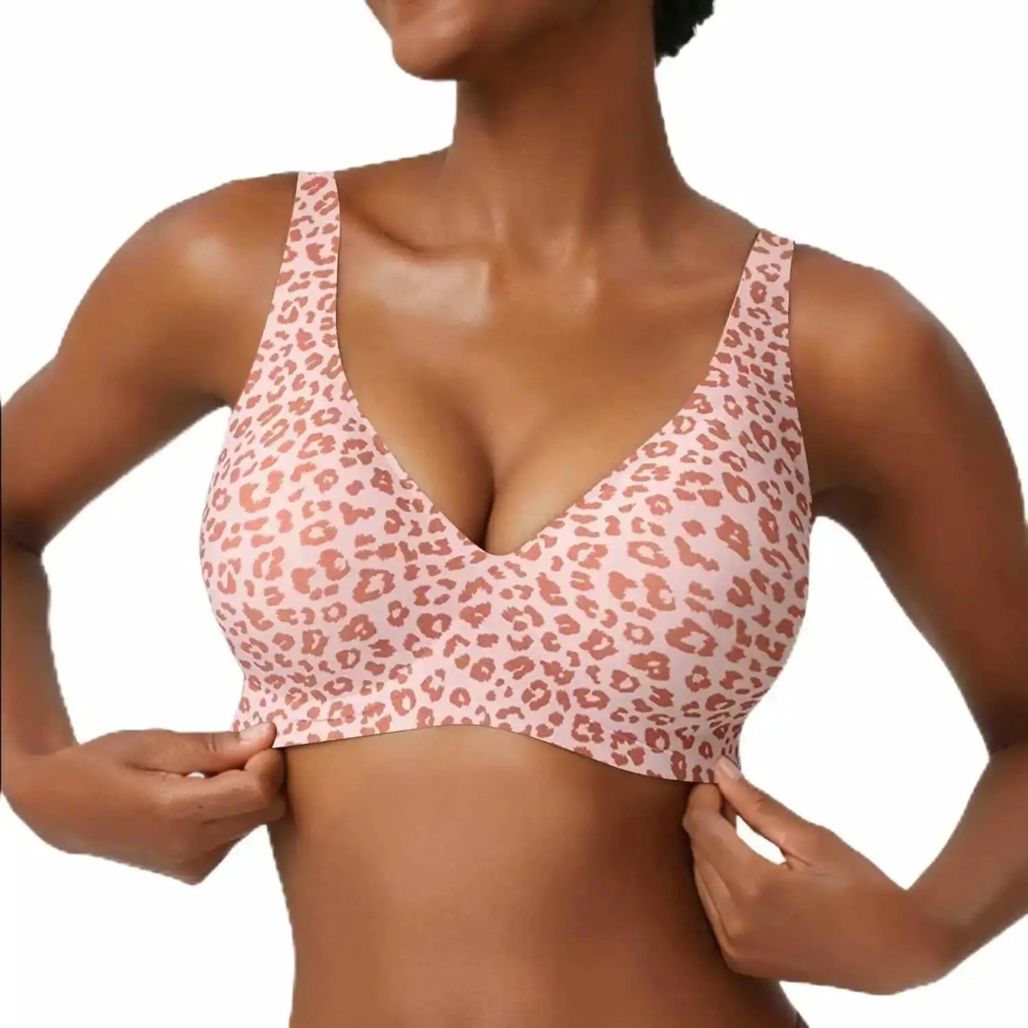 Simples Market women's seamless pink leopard-print wire-free full-cup bra with soft molded cups