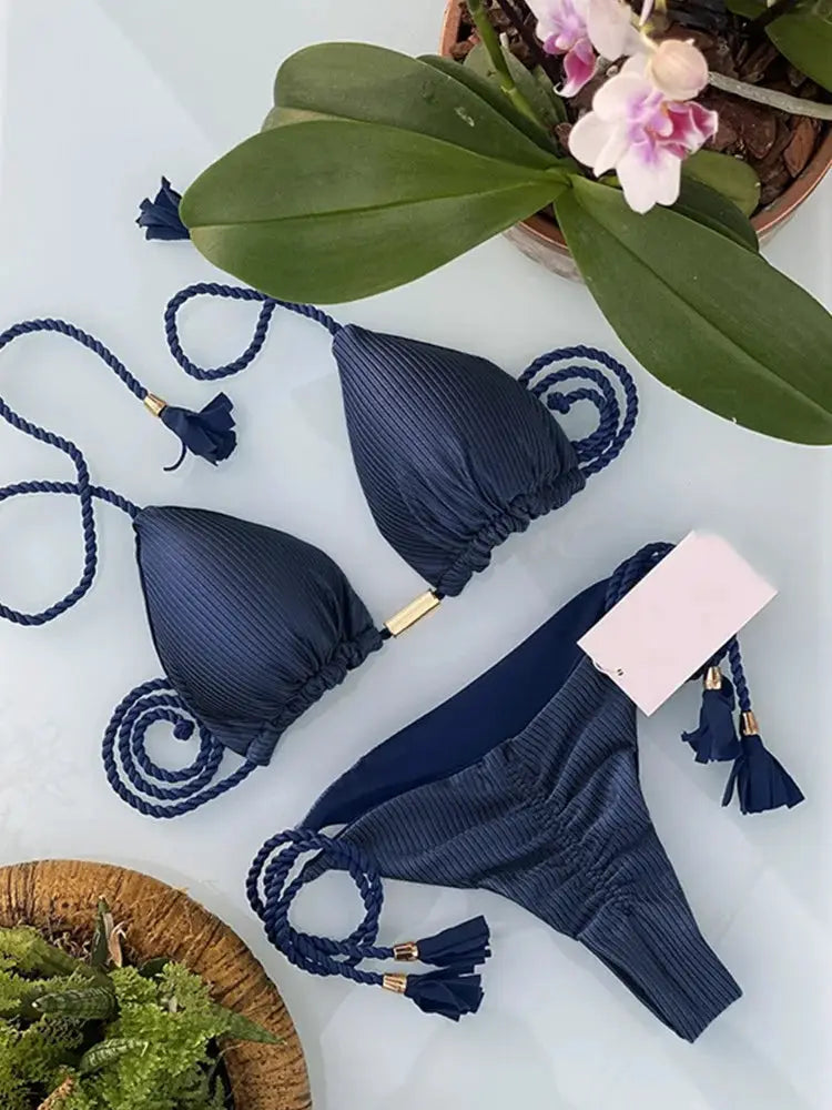 Women's 2-piece navy blue backless rope triangle bikini with tassel straps