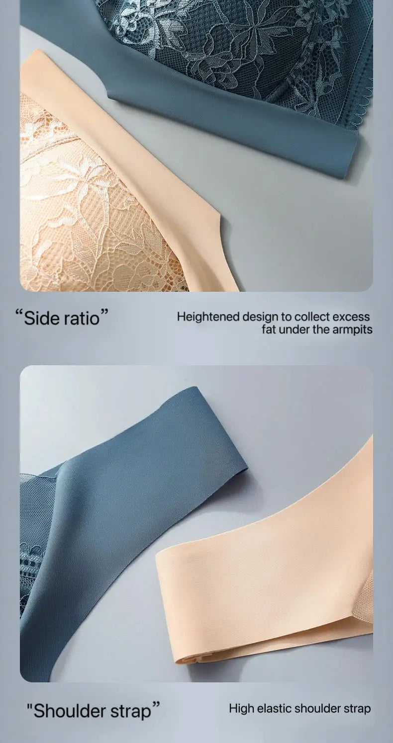 Women lace bra with padding in blue and beige; seamless, comfortable fit.