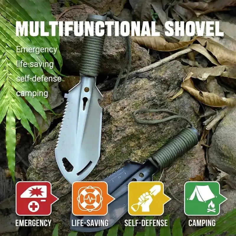 Simples Market stainless steel multifunctional shovels, handheld camping digging tools with green paracord, 2 shown