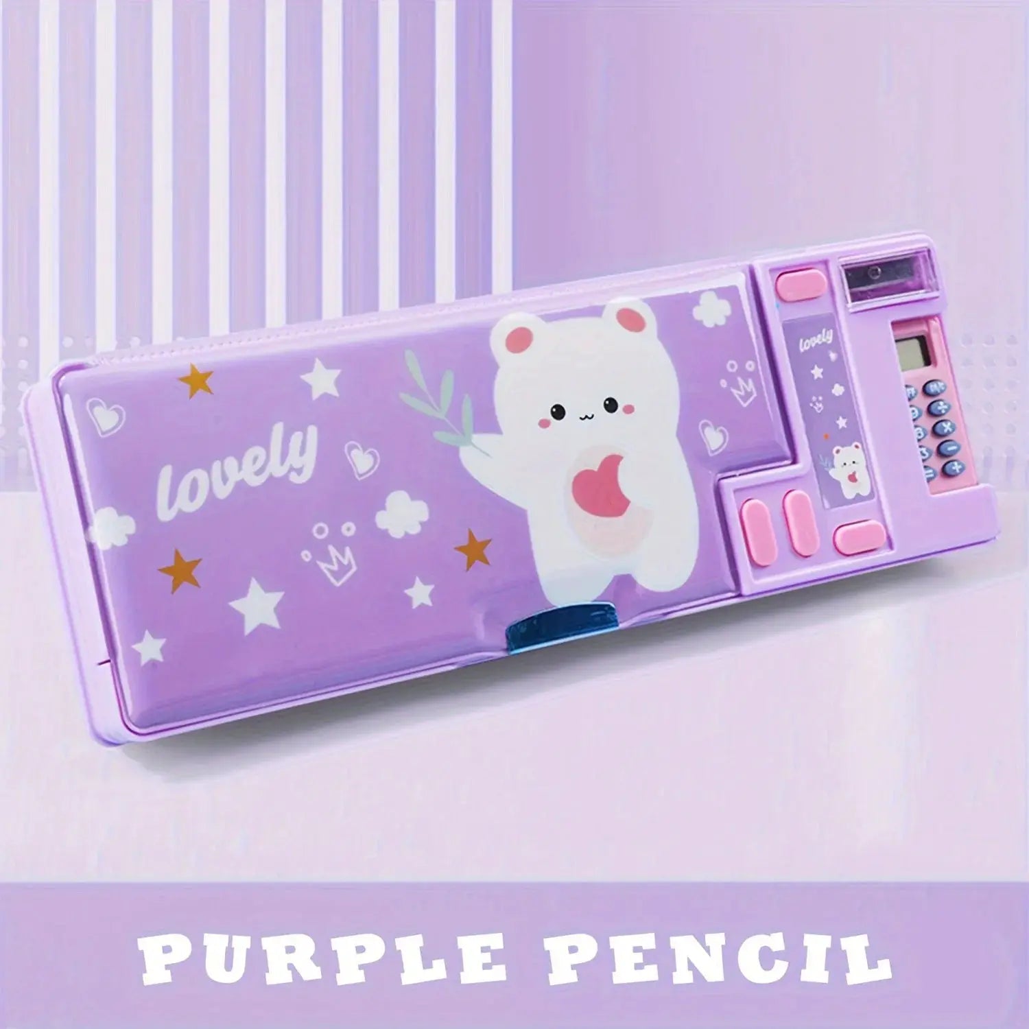 Kids pink and purple multifunction pencil case with built-in calculator and pen desk organizer
