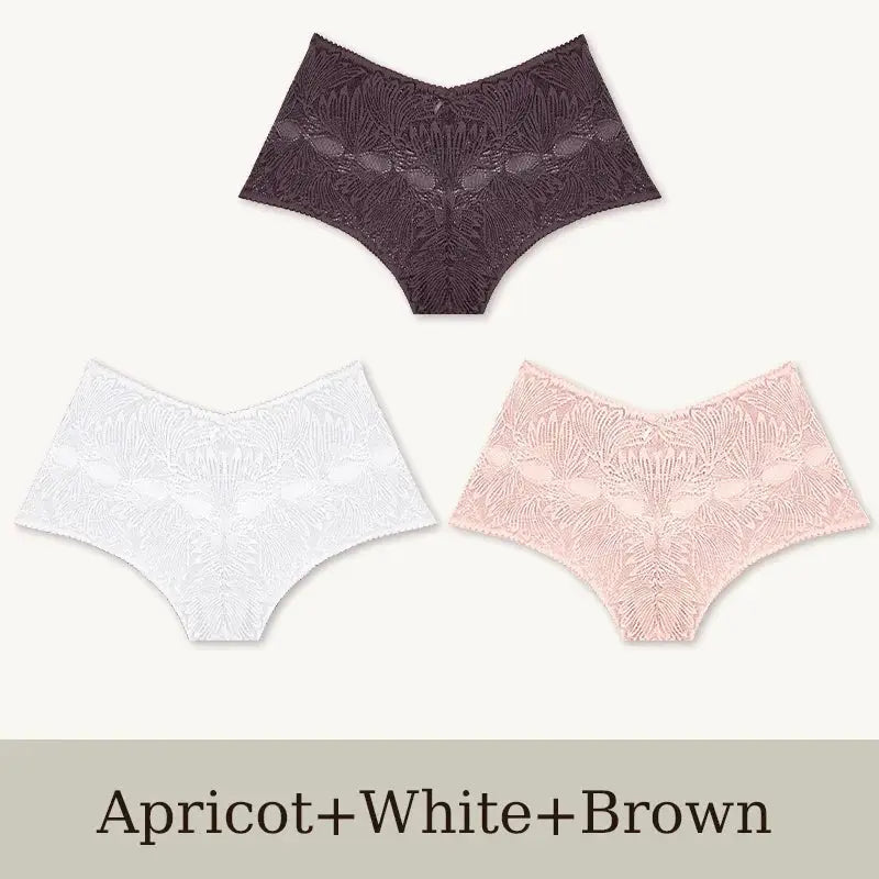 3-pack women's seamless lace briefs in apricot, white, and brown; breathable low-waist underwear