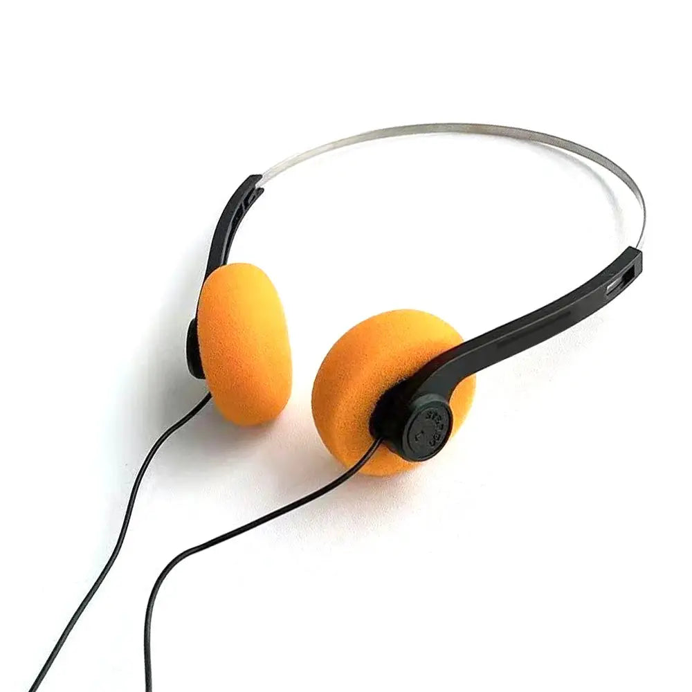 On-ear wired stereo headphones with bright orange foam ear cushions, black adjustable headband, 3.5mm plug.