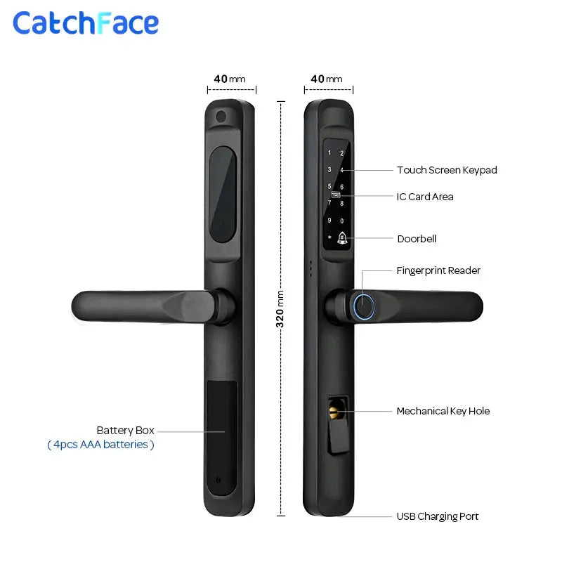 CatchFace black smart door lock with touchscreen keypad and fingerprint reader; USB charging port.