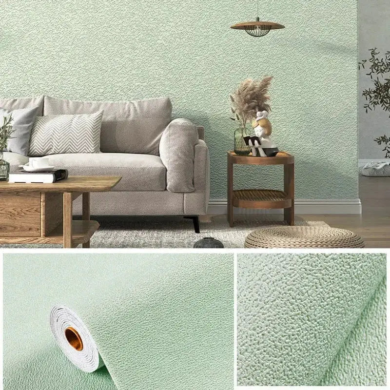 Linen 3D foam wallpaper roll in pale green, self-adhesive PVC, thickened waterproof wall decor