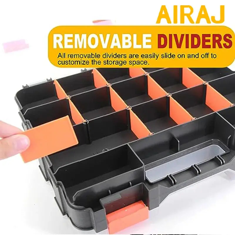 AIRAJ 34-compartment small parts organizer with removable orange dividers in a black plastic case