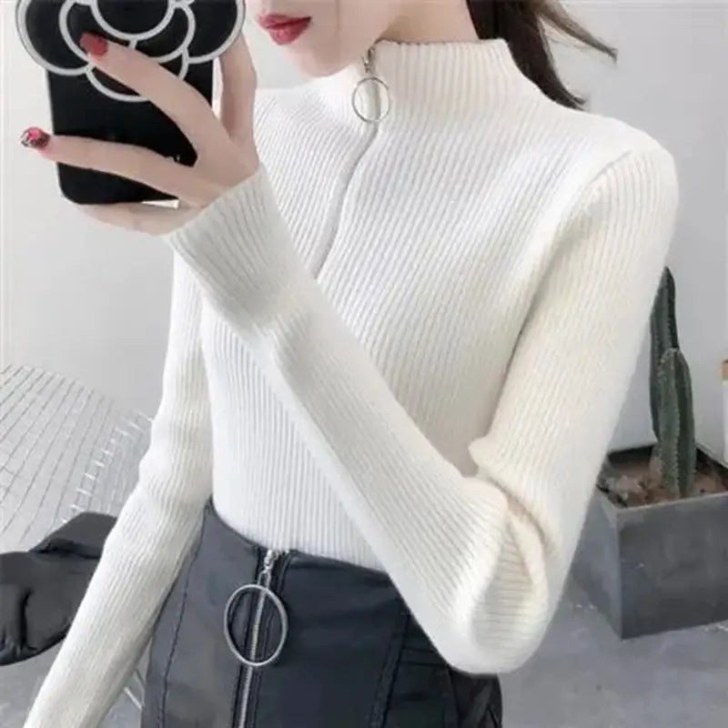 TrendWeave Zipper Half High Neck Knit Sweater Pullover For Women Autumn Winter Slim Solid Knitwear