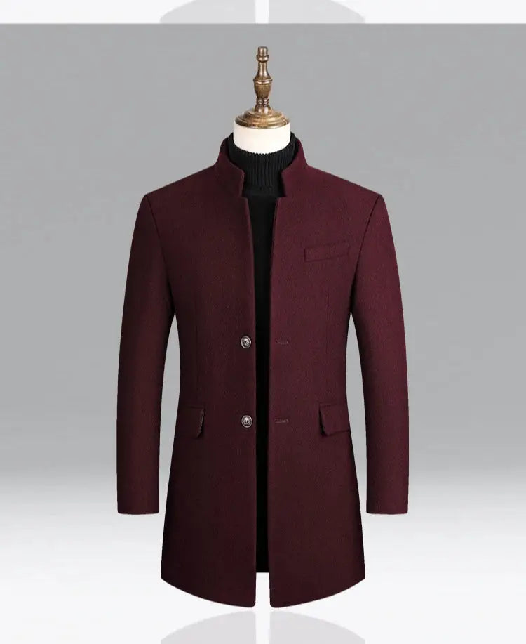 Men's burgundy wool overcoat with stand collar and button front