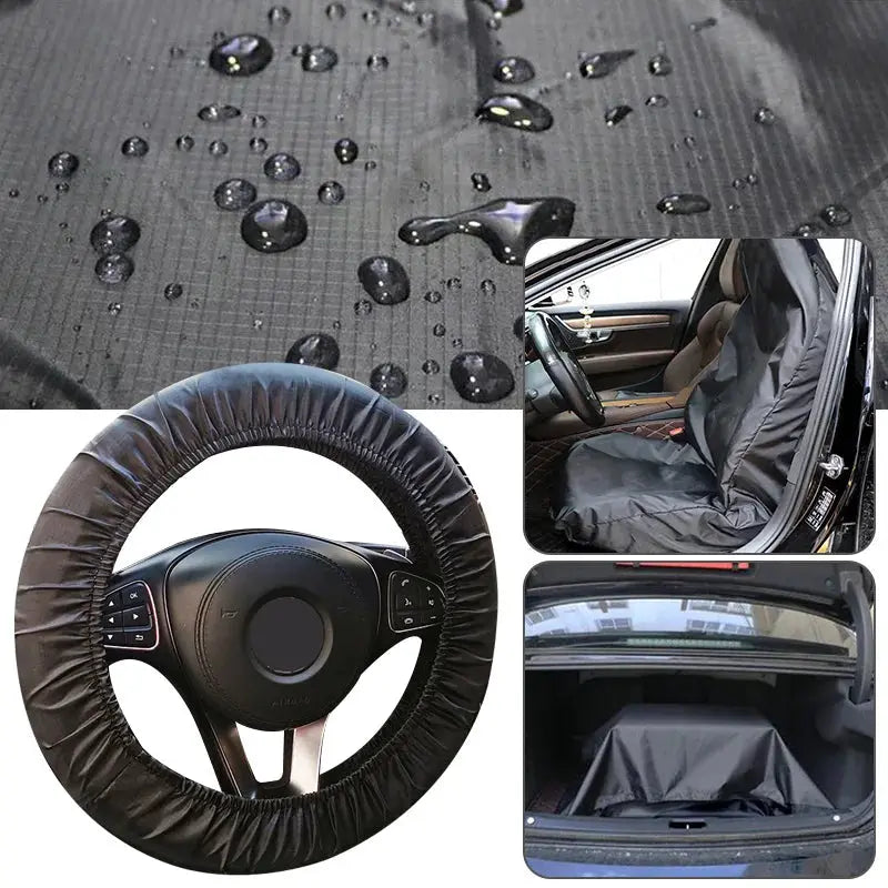 Simples Market universal car seat protector and steering wheel cover in black Oxford fabric.