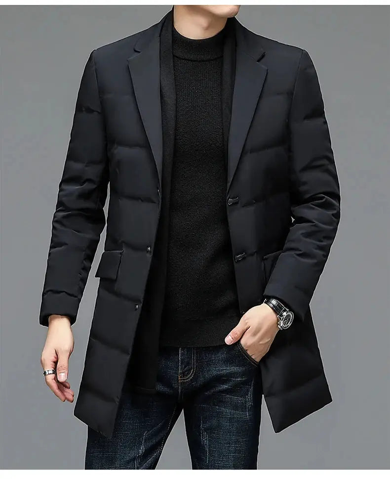 Men's black long quilted down jacket, warm coat with suit-style collar and removable scarf, sizes M-4XL