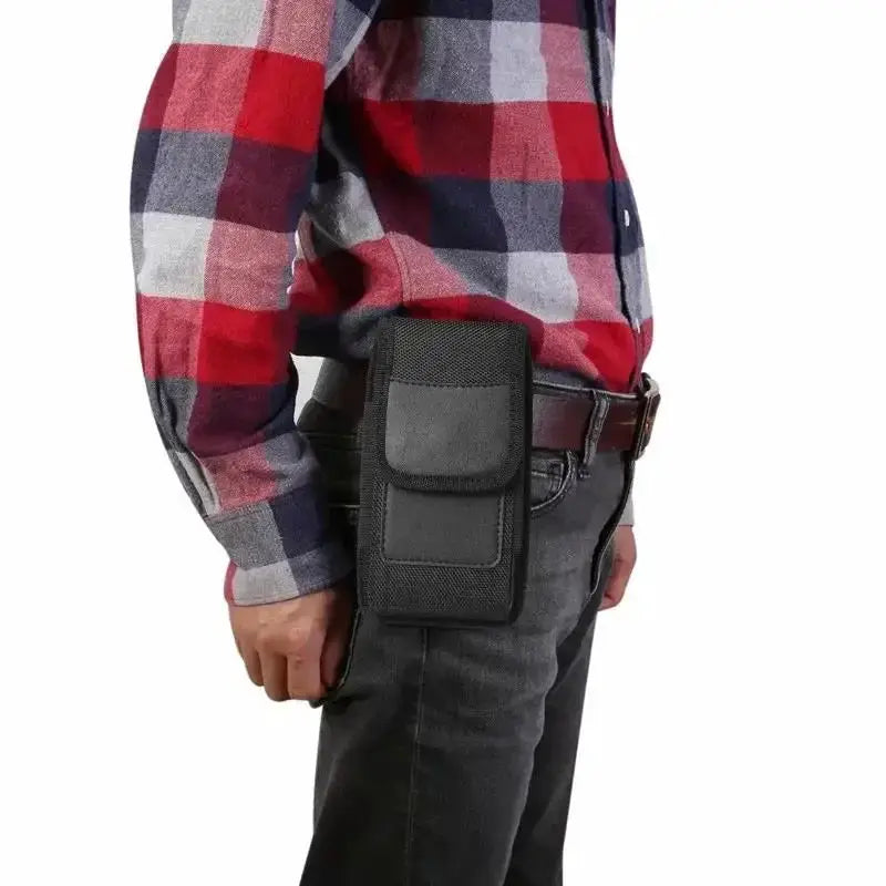 Black nylon mobile phone waist bag with belt loop, worn at the waist