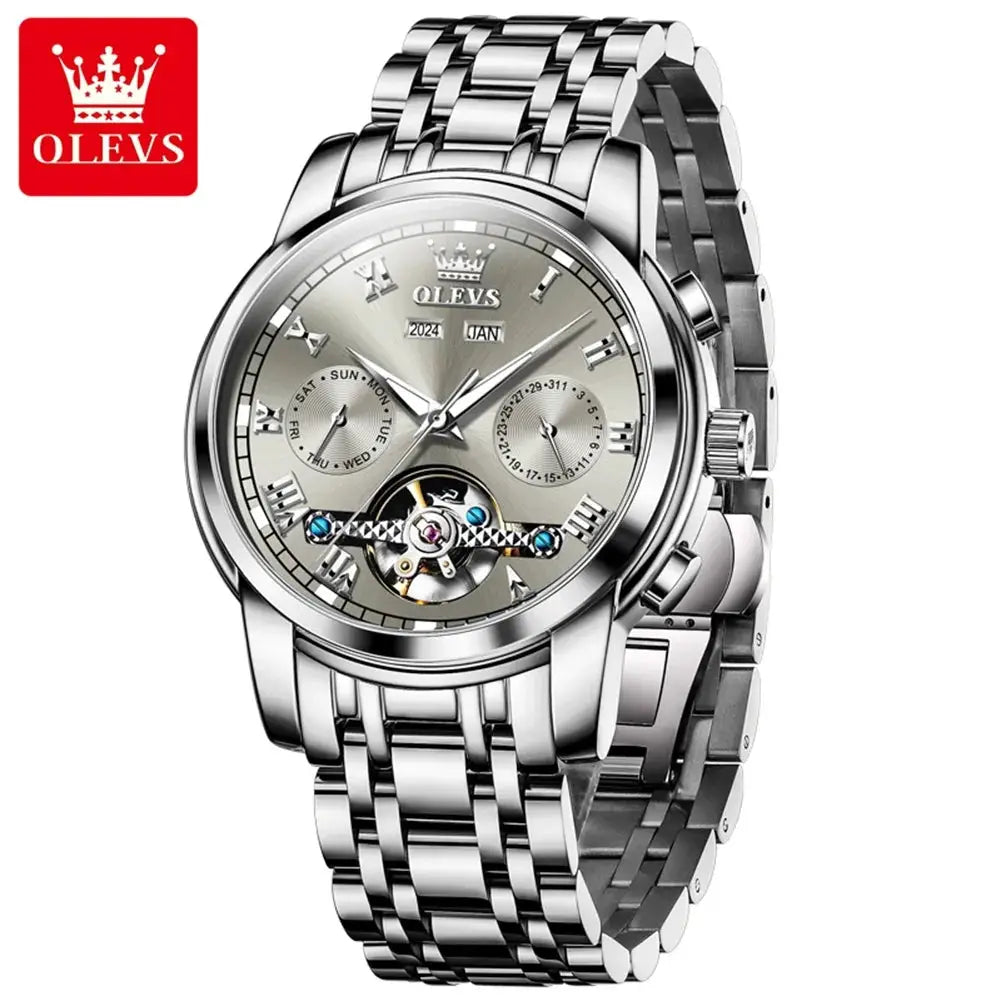 OLEVS 6607 stainless steel skeleton automatic men's wristwatch with dual calendar