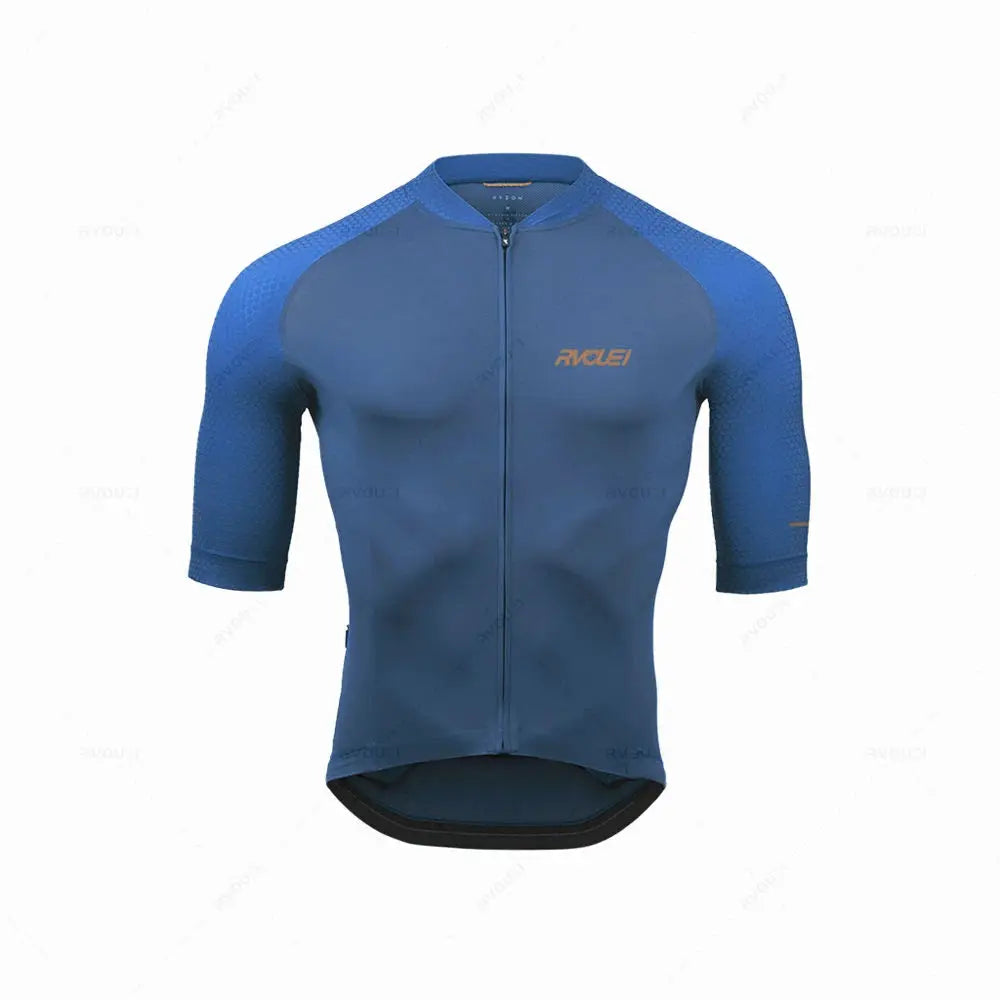 Rvouei Pro Team cycling jersey, blue breathable men's road bike wear with zip front and 3/4 sleeves; Rvouei logo.