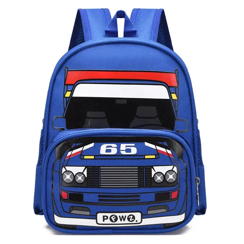 Kids police car schoolbag in blue by Simples Market with front car graphic and multiple compartments.