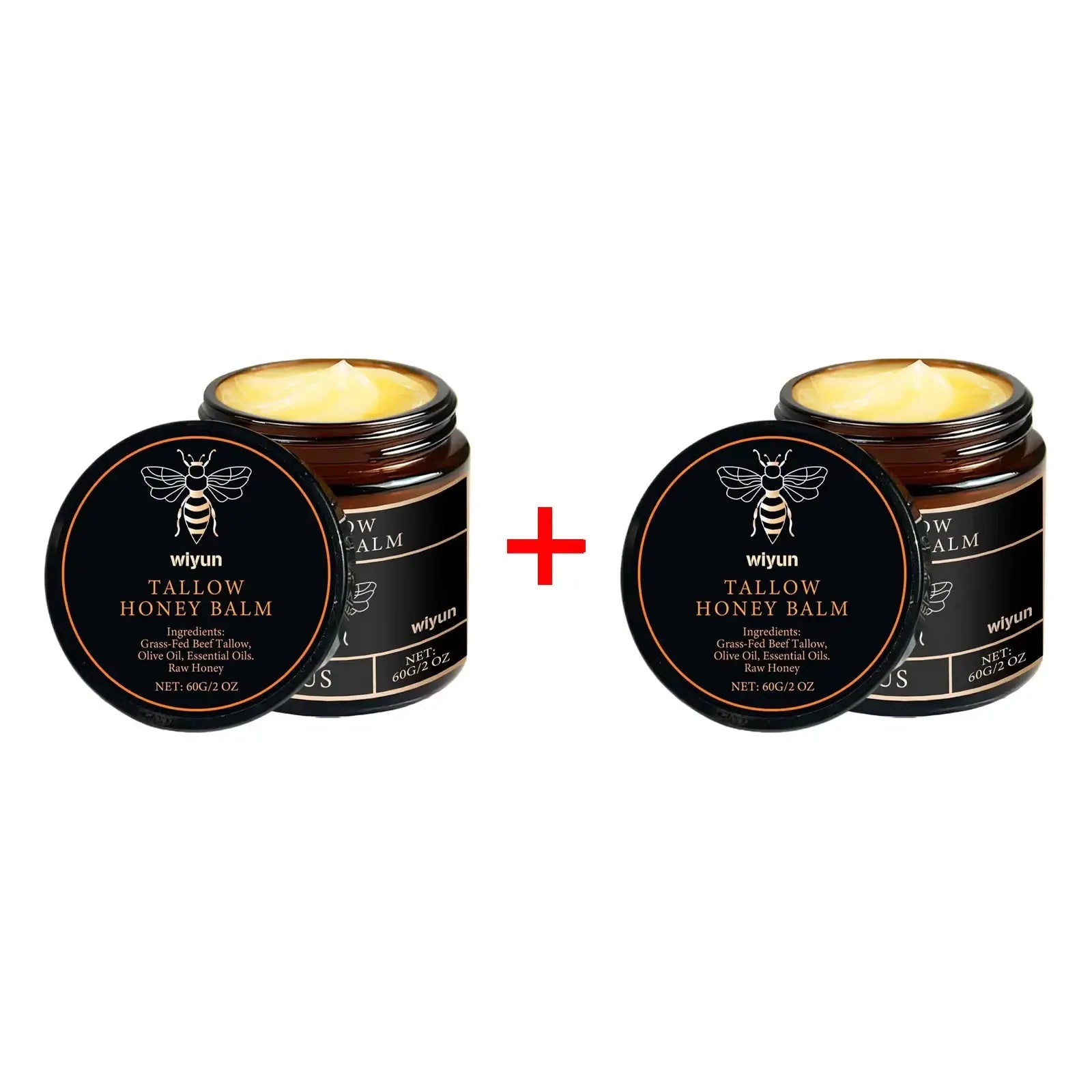Two jars of Tallow Honey Balm by Wiyun, creamy yellow balm visible, black label with bee logo.