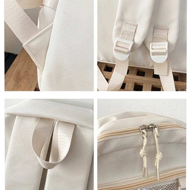 Japanese Style Transparent Ita Bag; cream fabric backpack with adjustable straps, carrying handle, and dual zippers.