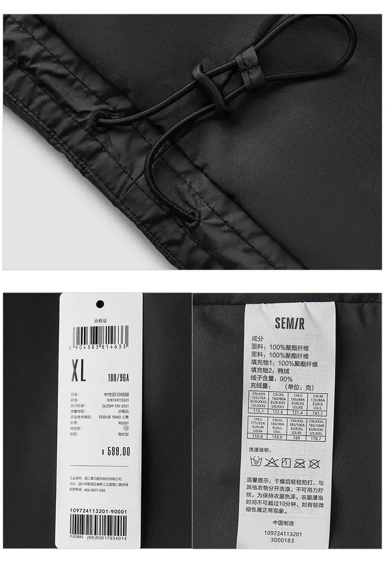 Semir down jacket unisex black short puffer with drawstring hem; SEM/R tag visible