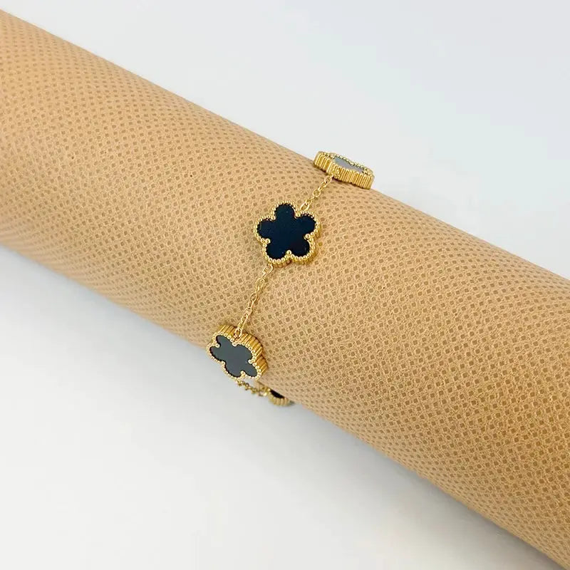 Adjustable Stainless Steel Bracelet Double Sided Five Leaf Clover Petals Gold Plated Women Fashion Jewelry