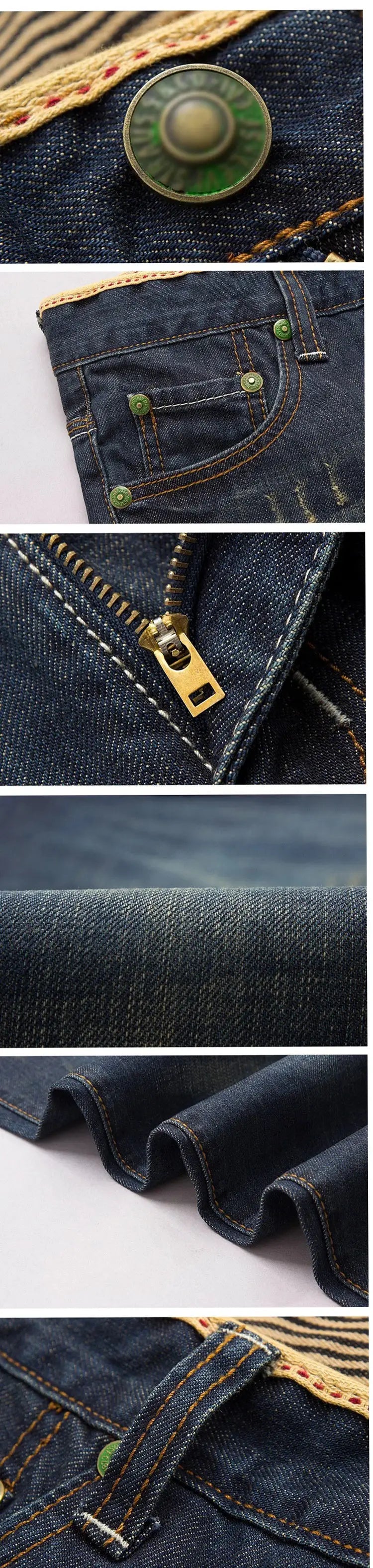 Men's blue stretch denim jeans with green rivet buttons