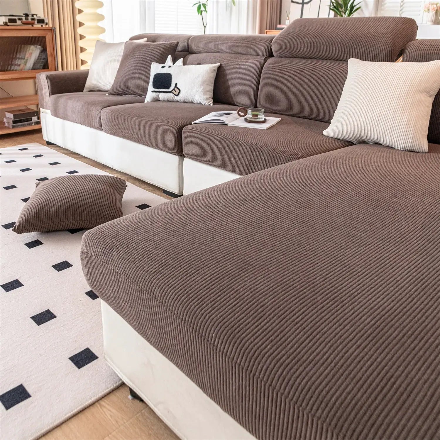 Sofa seat cushion covers in brown ribbed striped jacquard; removable and washable, for living room protection