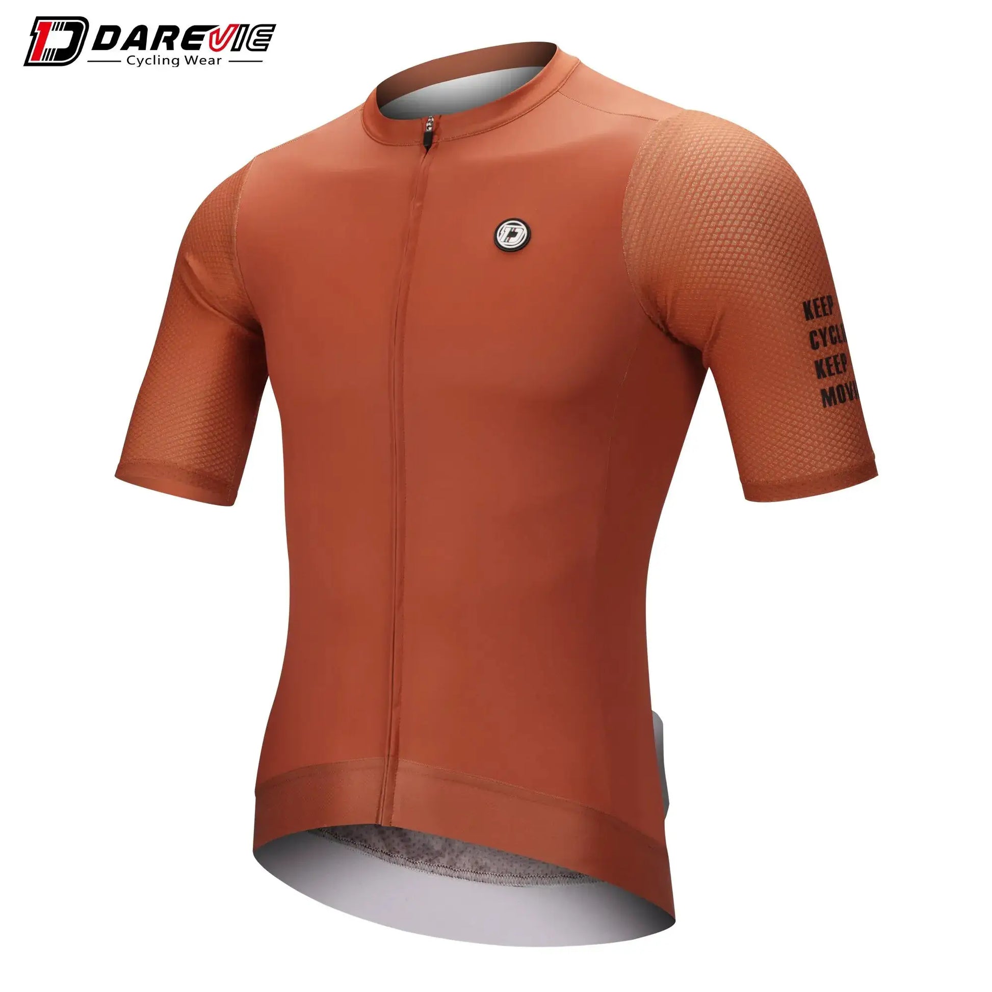 DAREVIE women's cycling jersey in burnt orange with zip front, textured mesh sleeves, chest badge, SPF 50+.