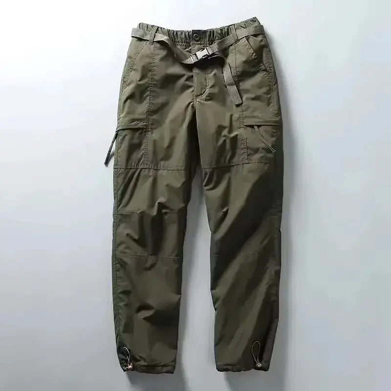 Olive green cargo pants with belt and ankle cinches, outdoor multi-pocket trousers