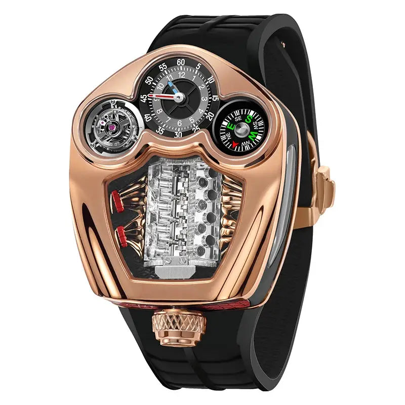 PINDU Design men's watch rose gold case, black silicone strap, multiple dials and skeleton movement