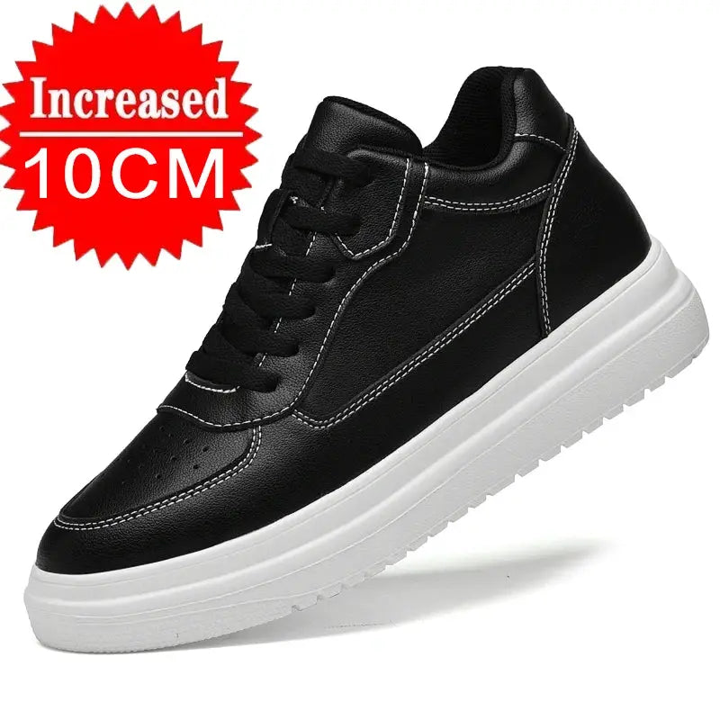 Men's black leather elevator sneakers with white sole by Simples Market, height boost up to 10cm.