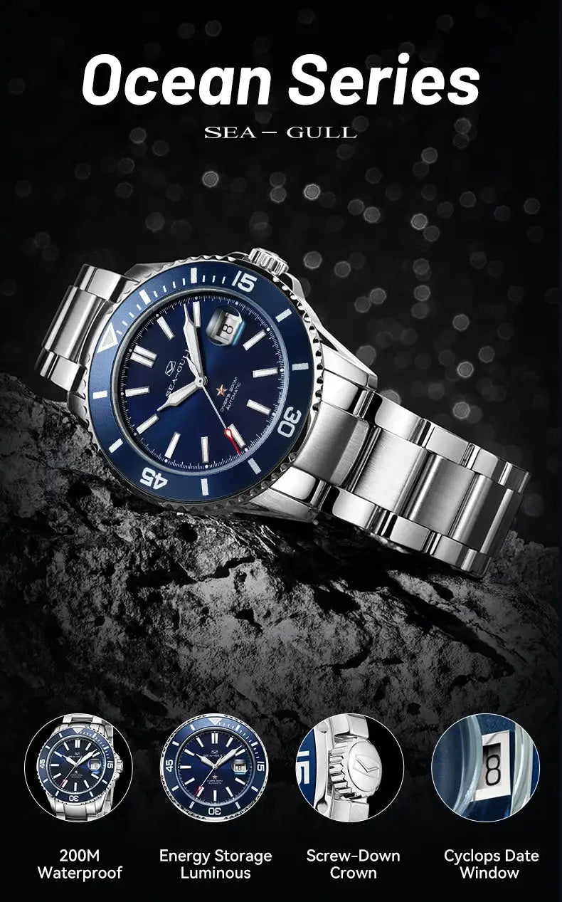 Seagull Ocean Series men's dive watch with blue dial, stainless steel bracelet, 200m water resistance, cyclops date window