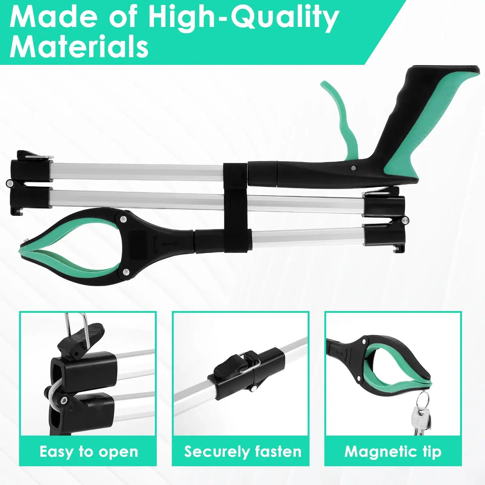 Foldable reacher grabber with non-slip jaw, green and black handle from Simples Market