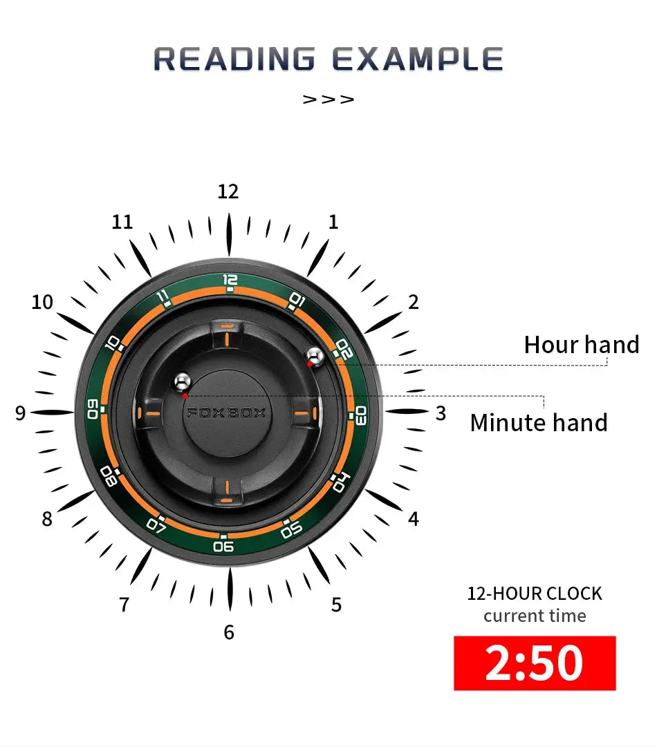 FOXBOX green silicone men's watch with black dial and green/orange ring, 12-hour clock showing 2:50