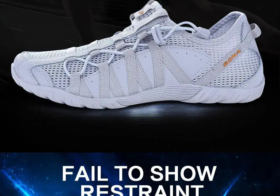BONA men's lace-up running shoes, white mesh athletic sneakers for outdoor walking and jogging